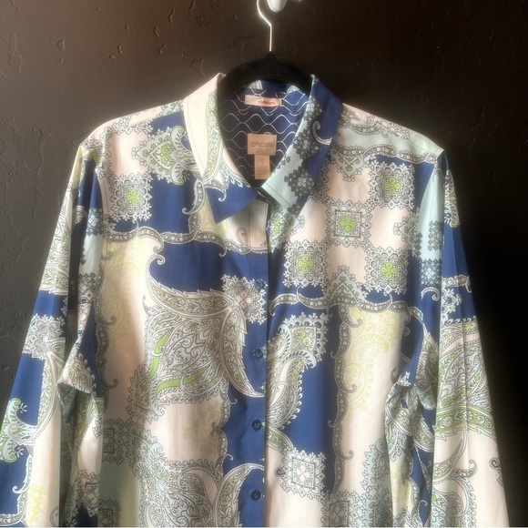 CHICO'S PAISLEY POP GIANA BLOUSE SZ  3 Paisley Print Blue and Green Women's Top - Picture 5 of 15